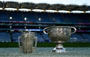 15 December 2022; A general view of the Sam Maguire and Liam MacCarthy at the media launch of the GAAGO 2023 at Croke Park in Dublin. Photo by Eóin Noonan/Sportsfile