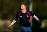 15 December 2022; Daniel Whelan of Mountrath celebrates after scoring a try during the Bank of Ireland Leinster Rugby Division 3A JCT Development Shield match between Mountrath School and St. Colmcilles Community School at Energia Park in Dublin. Photo by Ben McShane/Sportsfile