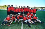 15 December 2022; St Mary's players celebrate with the Pat Rossiter cup after the Bank of Ireland Leinster Rugby Pat Rossiter Cup (JCT) match between St. Mary's CBS, Portlaoise and Ardgillan Community College at Energia Park in Dublin. Photo by Ben McShane/Sportsfile