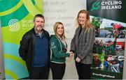 15 December 2022; In attendance is Josephine Healion, centre, with Paralympics Ireland vice-president Dennis Toomey and Cycling Ireland vice-president Louise Reilly as the Irish para-cycling squad met at the Sport Ireland Institute today and were presented with medals won at the Para-cycling Road World Championships in Canada in August. Athletes Ronan Grimes, Katie-George Dunlevy, Eve McCrystal, Josephine Healion and Linda Kelly (absent due to illness) were presented with their medals by Cycling Ireland vice-president Louise Reilly and Paralympics Ireland vice-president Dennis Toomey. Also present was Sport Ireland CEO Una May Cycling, Sport Ireland Institute Director Liam Harbison, Ireland head coach Neill Delahaye and newly appointed national paracycling coach Jamie Blanchfield. Photo by David Fitzgerald/Sportsfile
