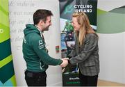 15 December 2022; In attendance is athlete Ronan Grimes with Cycling Ireland vice-president Louise Reilly as the Irish para-cycling squad met at the Sport Ireland Institute today and were presented with medals won at the Para-cycling Road World Championships in Canada in August. Athletes Ronan Grimes, Katie-George Dunlevy, Eve McCrystal, Josephine Healion and Linda Kelly (absent due to illness) were presented with their medals by Cycling Ireland vice-president Louise Reilly and Paralympics Ireland vice-president Dennis Toomey. Also present was Sport Ireland CEO Una May Cycling, Sport Ireland Institute Director Liam Harbison, Ireland head coach Neill Delahaye and newly appointed national paracycling coach Jamie Blanchfield. Photo by David Fitzgerald/Sportsfile