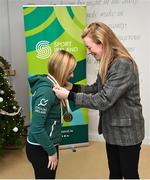 15 December 2022; In attendance is athlete Josephine Healion with Cycling Ireland vice-president Louise Reilly as the Irish para-cycling squad met at the Sport Ireland Institute today and were presented with medals won at the Para-cycling Road World Championships in Canada in August. Athletes Ronan Grimes, Katie-George Dunlevy, Eve McCrystal, Josephine Healion and Linda Kelly (absent due to illness) were presented with their medals by Cycling Ireland vice-president Louise Reilly and Paralympics Ireland vice-president Dennis Toomey. Also present was Sport Ireland CEO Una May Cycling, Sport Ireland Institute Director Liam Harbison, Ireland head coach Neill Delahaye and newly appointed national paracycling coach Jamie Blanchfield. Photo by David Fitzgerald/Sportsfile