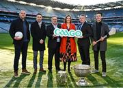 15 December 2022; Gaago presenter Grainne McElwain with, from left, former Donegal footballer Michael Murphy, former Kerry footballer Marc O'Sé, Croke Park stadium director Peter McKenna, RTÉ group head of sport Decland McBennett and former Limerick hurler Seamus Hickey at the media launch of the GAAGO 2023 at Croke Park in Dublin. Photo by Eóin Noonan/Sportsfile