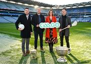 15 December 2022; Gaago presenter Grainne McElwain with, from left, former Kerry footballer Marc O'Sé, former Donegal footballer Michael Murphy and former Limerick hurler Seamus Hickey at the media launch of the GAAGO 2023 at Croke Park in Dublin. Photo by Eóin Noonan/Sportsfile