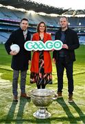 15 December 2022; Gaago presenter Grainne McElwain with former Kerry footballer Marc O'Sé, left, and former Donegal footballer Michael Murphy at the media launch of the GAAGO 2023 at Croke Park in Dublin. Photo by Eóin Noonan/Sportsfile