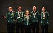 15 December 2022; Athletes, from left, Richael Timothy, Ronan Grimes, Josephine Healion, Eve McCrystal and Katie-George Dunlevy in attendance as the Irish para-cycling squad met at the Sport Ireland Institute today and were presented with medals won at the Para-cycling Road World Championships in Canada in August. Athletes Ronan Grimes, Katie-George Dunlevy, Eve McCrystal, Josephine Healion and Linda Kelly (absent due to illness) were presented with their medals by Cycling Ireland vice-president Louise Reilly and Paralympics Ireland vice-president Dennis Toomey. Also present was Sport Ireland CEO Una May Cycling, Sport Ireland Institute Director Liam Harbison, Ireland head coach Neill Delahaye and newly appointed national paracycling coach Jamie Blanchfield. Photo by David Fitzgerald/Sportsfile