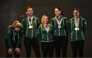 15 December 2022; Athletes, from left, Richael Timothy, Ronan Grimes, Josephine Healion, Eve McCrystal and Katie-George Dunlevy in attendance as the Irish para-cycling squad met at the Sport Ireland Institute today and were presented with medals won at the Para-cycling Road World Championships in Canada in August. Athletes Ronan Grimes, Katie-George Dunlevy, Eve McCrystal, Josephine Healion and Linda Kelly (absent due to illness) were presented with their medals by Cycling Ireland vice-president Louise Reilly and Paralympics Ireland vice-president Dennis Toomey. Also present was Sport Ireland CEO Una May Cycling, Sport Ireland Institute Director Liam Harbison, Ireland head coach Neill Delahaye and newly appointed national paracycling coach Jamie Blanchfield. Photo by David Fitzgerald/Sportsfile