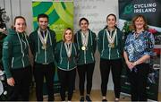 15 December 2022; Sport Ireland CEO Una May, right, with athletes, from left, Richael Timothy, Ronan Grimes, Josephine Healion, Katie-George Dunlevy and Eve McCrystal as the Irish para-cycling squad met at the Sport Ireland Institute today and were presented with medals won at the Para-cycling Road World Championships in Canada in August. Athletes Ronan Grimes, Katie-George Dunlevy, Eve McCrystal, Josephine Healion and Linda Kelly (absent due to illness) were presented with their medals by Cycling Ireland vice-president Louise Reilly and Paralympics Ireland vice-president Dennis Toomey. Also present was Sport Ireland CEO Una May, Sport Ireland Institute Director Liam Harbison, Ireland head coach Neill Delahaye and newly appointed national paracycling coach Jamie Blanchfield. Photo by David Fitzgerald/Sportsfile