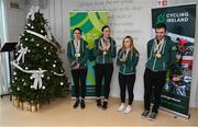 15 December 2022; Athletes, from left, Katie-George Dunlevy, Eve McCrystal, Josephine Healion and Ronan Grimes in attendance as the Irish para-cycling squad met at the Sport Ireland Institute today and were presented with medals won at the Para-cycling Road World Championships in Canada in August. Athletes Ronan Grimes, Katie-George Dunlevy, Eve McCrystal, Josephine Healion and Linda Kelly (absent due to illness) were presented with their medals by Cycling Ireland vice-president Louise Reilly and Paralympics Ireland vice-president Dennis Toomey. Also present was Sport Ireland CEO Una May Cycling, Sport Ireland Institute Director Liam Harbison, Ireland head coach Neill Delahaye and newly appointed national paracycling coach Jamie Blanchfield. Photo by David Fitzgerald/Sportsfile