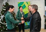 15 December 2022; In attendance are athletes, Eve McCrystal, left, and Katie-George Dunlevy with Paralympics Ireland vice-president Dennis Toomey, right, and Cycling Ireland vice-president Louise Reilly as the Irish para-cycling squad met at the Sport Ireland Institute today and were presented with medals won at the Para-cycling Road World Championships in Canada in August. Athletes Ronan Grimes, Katie-George Dunlevy, Eve McCrystal, Josephine Healion and Linda Kelly (absent due to illness) were presented with their medals by Cycling Ireland vice-president Louise Reilly and Paralympics Ireland vice-president Dennis Toomey. Also present was Sport Ireland CEO Una May Cycling, Sport Ireland Institute Director Liam Harbison, Ireland head coach Neill Delahaye and newly appointed national paracycling coach Jamie Blanchfield. Photo by David Fitzgerald/Sportsfile