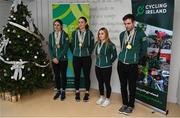 15 December 2022; Athletes, from left, Katie-George Dunlevy, Eve McCrystal, Josephine Healion and Ronan Grimes in attendance as the Irish para-cycling squad met at the Sport Ireland Institute today and were presented with medals won at the Para-cycling Road World Championships in Canada in August. Athletes Ronan Grimes, Katie-George Dunlevy, Eve McCrystal, Josephine Healion and Linda Kelly (absent due to illness) were presented with their medals by Cycling Ireland vice-president Louise Reilly and Paralympics Ireland vice-president Dennis Toomey. Also present was Sport Ireland CEO Una May Cycling, Sport Ireland Institute Director Liam Harbison, Ireland head coach Neill Delahaye and newly appointed national paracycling coach Jamie Blanchfield. Photo by David Fitzgerald/Sportsfile