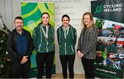 15 December 2022; In attendance are, Eve McCrystal and Katie-George Dunlevy, centre, with Paralympics Ireland vice-president Dennis Toomey and Cycling Ireland vice-president Louise Reilly as the Irish para-cycling squad met at the Sport Ireland Institute today and were presented with medals won at the Para-cycling Road World Championships in Canada in August. Athletes Ronan Grimes, Katie-George Dunlevy, Eve McCrystal, Josephine Healion and Linda Kelly (absent due to illness) were presented with their medals by Cycling Ireland vice-president Louise Reilly and Paralympics Ireland vice-president Dennis Toomey. Also present was Sport Ireland CEO Una May Cycling, Sport Ireland Institute Director Liam Harbison, Ireland head coach Neill Delahaye and newly appointed national paracycling coach Jamie Blanchfield. Photo by David Fitzgerald/Sportsfile