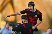 15 December 2022; St Mary's-Edenderry players Aaron Maguire, top, and Sean Brien celebrate after the Bank of Ireland Leinster Rugby Division 3A SCT Development Shield match between Kildare Town Community College and St. Mary's Secondary School, Edenderry at Energia Park in Dublin. Photo by Ben McShane/Sportsfile