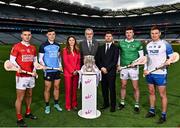 19 December 2022; In attendance at the unveiling of eir as a new official sponsor of the GAA Hurling All-Ireland Senior Championship are from left, Shane Kingston of Cork, Dublin hurling captain Eoghan O’Donnell, Managing Director Consumer and Small Business at eir, Susan Brady, Uachtarán Chumann Lúthchleas Gael, Larry McCarthy, Chief Executive Officer at eir Oliver Loomes, All-Ireland winning captain, Declan Hannon of Limerick, and Waterford’s Austin Gleeson. The five-year deal, which begins with the 2023 Championship season, will see eir’s partnership with the GAA evolve to support the Senior Hurling Championship, and will highlight the synergies that exist between hurling, the world's fastest field sport, and eir, which is committed to providing full fibre superfast broadband to over 1.9 million homes and businesses across Ireland. Photo by Sam Barnes/Sportsfile