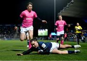 16 December 2022; James Lowe of Leinster scores his side's first try during the Heineken Champions Cup Pool A Round 2 match between Leinster and Gloucester at the RDS Arena in Dublin. Photo by Harry Murphy/Sportsfile