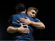 16 December 2022; James Lowe of Leinster celebrates with teammate Garry Ringrose, behind, after scoring their side's first try during the Heineken Champions Cup Pool A Round 2 match between Leinster and Gloucester at the RDS Arena in Dublin. Photo by Harry Murphy/Sportsfile
