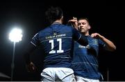 16 December 2022; James Lowe of Leinster celebrates with teammate Ross Molony, behind, after scoring their side's first try during the Heineken Champions Cup Pool A Round 2 match between Leinster and Gloucester at the RDS Arena in Dublin. Photo by Harry Murphy/Sportsfile