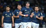 16 December 2022; James Ryan of Leinster, centre, with teammates, from left, Ross Byrne, Ross Molony and Jack Conan during the Heineken Champions Cup Pool A Round 2 match between Leinster and Gloucester at the RDS Arena in Dublin. Photo by Seb Daly/Sportsfile