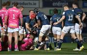 16 December 2022; James Ryan of Leinster is helped up by teammates Josh van der Flier and Caelan Doris, 6, after scoring their side's fourth try during the Heineken Champions Cup Pool A Round 2 match between Leinster and Gloucester at the RDS Arena in Dublin. Photo by Harry Murphy/Sportsfile