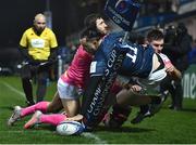 16 December 2022; James Lowe of Leinster scores a try that was subsequently disallowed during the Heineken Champions Cup Pool A Round 2 match between Leinster and Gloucester at the RDS Arena in Dublin. Photo by Sam Barnes/Sportsfile