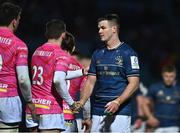 16 December 2022; Jonathan Sexton of Leinster shakes hands with Kyle Moyle of Gloucester, 23, after the Heineken Champions Cup Pool A Round 2 match between Leinster and Gloucester at the RDS Arena in Dublin. Photo by Sam Barnes/Sportsfile