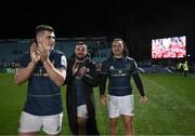 16 December 2022; Leinster players, from left, Dan Sheehan, Rónan Kelleher and James Lowe of Leinster after their side's victory in the Heineken Champions Cup Pool A Round 2 match between Leinster and Gloucester at the RDS Arena in Dublin. Photo by Harry Murphy/Sportsfile