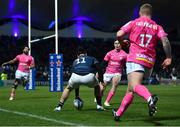 16 December 2022; James Lowe of Leinster scores his side's seventh try during the Heineken Champions Cup Pool A Round 2 match between Leinster and Gloucester at the RDS Arena in Dublin. Photo by Sam Barnes/Sportsfile