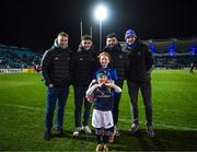 16 December 2022; Matchday mascot Aine Hartnett, aged, six, with her sister Saoirse and Leinster players, from left, Martin Moloney, Cormac Foley, Michael Milne and Ryan Baird at the Heineken Champions Cup match between Leinster and Gloucester at the RDS Arena in Dublin. Photo by Harry Murphy/Sportsfile
