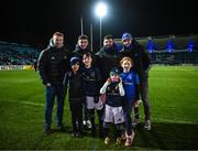 16 December 2022; Bank of Ireland match day mascots Brian Lynch and Aine Hartnett with Leinster players Martin Moloney, Cormac Foley, Michael Milne and Ryan Baird at the Heineken Champions Cup match between Leinster and Gloucester at the RDS Arena in Dublin. Photo by Harry Murphy/Sportsfile