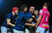 16 December 2022; Rónan Kelleher of Leinster, centre, celebrates with teammates after scoring their side's fourth try, which is subsequently disallowed, during the Heineken Champions Cup Pool A Round 2 match between Leinster and Gloucester at the RDS Arena in Dublin. Photo by Seb Daly/Sportsfile