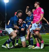 16 December 2022; Rónan Kelleher of Leinster, centre, celebrates with teammates after scoring their side's fourth try, which is subsequently disallowed, during the Heineken Champions Cup Pool A Round 2 match between Leinster and Gloucester at the RDS Arena in Dublin. Photo by Seb Daly/Sportsfile