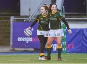 17 December 2022; Molly Scuffil McCabe of Railway Union, left, celebrates with teammate Lindsay Peat after scoring their side's first try during the Energia AIL Women's Division Final match between Blackrock College and Railway Union at Energia Park in Dublin. Photo by Seb Daly/Sportsfile