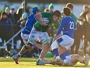 17 December 2022; Brian Gleeson of Ireland is tackled by Dewi Passarella of Italy, with the support of team-mate Nicola Bozzo during the U20 Rugby International Friendly match between Ireland and Italy at Clontarf RFC in Dublin.  Photo by Sam Barnes/Sportsfile