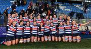 17 December 2022; Blackrock College players celebrate with the trophy after their side's victory in the Energia AIL Women's Division Final match between Blackrock College and Railway Union at Energia Park in Dublin. Photo by Seb Daly/Sportsfile