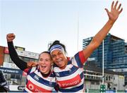 17 December 2022; Michelle Claffey,left, and Eimear Corri of Blackrock College celebrate after their side's victory in the Energia AIL Women's Division Final match between Blackrock College and Railway Union at Energia Park in Dublin. Photo by Seb Daly/Sportsfile