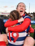 17 December 2022; Ella Durkan and Alison Coleman of Blackrock College, 19, celebrate after their side's victory in the Energia AIL Women's Division Final match between Blackrock College and Railway Union at Energia Park in Dublin. Photo by Seb Daly/Sportsfile