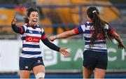 17 December 2022; Natasja Behan, left, and Maeve Liston of Blackrock College celebrate at the final whistle after their side's victory in the Energia AIL Women's Division Final match between Blackrock College and Railway Union at Energia Park in Dublin. Photo by Seb Daly/Sportsfile