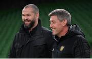 17 December 2022; La Rochelle head coach Ronan O'Gara, right, and Ireland head coach Andy Farrell before the Heineken Champions Cup Pool B Round 2 match between Ulster and La Rochelle at Aviva Stadium in Dublin. Photo by Ramsey Cardy/Sportsfile