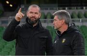 17 December 2022; La Rochelle head coach Ronan O'Gara, right, and Ireland head coach Andy Farrell before the Heineken Champions Cup Pool B Round 2 match between Ulster and La Rochelle at Aviva Stadium in Dublin. Photo by Ramsey Cardy/Sportsfile