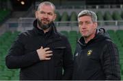 17 December 2022; La Rochelle head coach Ronan O'Gara, right, and Ireland head coach Andy Farrell before the Heineken Champions Cup Pool B Round 2 match between Ulster and La Rochelle at Aviva Stadium in Dublin. Photo by Ramsey Cardy/Sportsfile