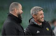 17 December 2022; La Rochelle head coach Ronan O'Gara, right, and Ireland head coach Andy Farrell before the Heineken Champions Cup Pool B Round 2 match between Ulster and La Rochelle at Aviva Stadium in Dublin. Photo by Ramsey Cardy/Sportsfile