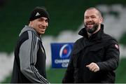 17 December 2022; Ireland head coach Andy Farrell, right, and Ultan Dillane of La Rochelle before the Heineken Champions Cup Pool B Round 2 match between Ulster and La Rochelle at Aviva Stadium in Dublin. Photo by Ramsey Cardy/Sportsfile