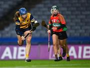 17 December 2022; Fionnuala Carr of Clonduff win possession ahead of Niamh Butler of James Stephens during the AIB All-Ireland Intermediate Camogie Club Championship Final match between Clonduff of Down and James Stephens of Kilkenny at Croke Park in Dublin. Photo by Piaras Ó Mídheach/Sportsfile