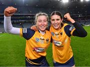 17 December 2022; Erin Lively, left, and Claire Kearney of Clonduff celebrate after their side's victory in the AIB All-Ireland Intermediate Camogie Club Championship Final match between Clonduff of Down and James Stephens of Kilkenny at Croke Park in Dublin. Photo by Piaras Ó Mídheach/Sportsfile