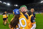 17 December 2022; Orlaith McCusker, behind, and Ciara Cowan of Clonduff celebrate after their side's victory in the AIB All-Ireland Intermediate Camogie Club Championship Final match between Clonduff of Down and James Stephens of Kilkenny at Croke Park in Dublin. Photo by Piaras Ó Mídheach/Sportsfile