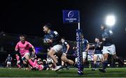 16 December 2022; James Lowe of Leinster on his way to scoring his side's seventh try during the Heineken Champions Cup Pool A Round 2 match between Leinster and Gloucester at the RDS Arena in Dublin. Photo by Sam Barnes/Sportsfile