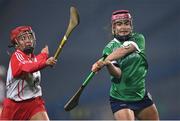 17 December 2022; Siobhán McGrath of Sarsfields in action against Maria Lynn of Loughgiel Shamrocks during the AIB All-Ireland Senior Camogie Club Championship Final match between Sarsfields of Galway and Loughgiel Shamrocks of Antrim at Croke Park in Dublin. Photo by Piaras Ó Mídheach/Sportsfile