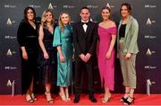 17 December 2022; In attendance during the RTÉ Sports Awards 2022 at RTÉ studios in Donnybrook, Dublin, are Kilkenny camogie players, from left, Miriam Walsh, Grace Walsh, Laura Murphy, manager Brian Dowling, Aoife Prendergast and Denise Gaule. Photo by Seb Daly/Sportsfile