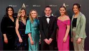 17 December 2022; In attendance during the RTÉ Sports Awards 2022 at RTÉ studios in Donnybrook, Dublin, are Kilkenny camogie players, from left, Miriam Walsh, Grace Walsh, Laura Murphy, manager Brian Dowling, Aoife Prendergast and Denise Gaule. Photo by Seb Daly/Sportsfile