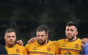 17 December 2022; Ulster players, from left, Eric O'Sullivan, Gareth Milasinovich, Alan O'Connor and Marty Moore after the Heineken Champions Cup Pool B Round 2 match between Ulster and La Rochelle at Aviva Stadium in Dublin. Photo by Ramsey Cardy/Sportsfile